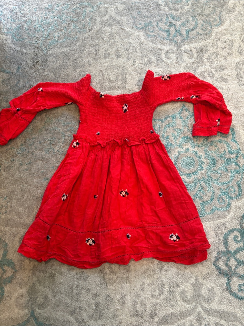Free People Bright Red Smocked Long Sleeve Floral Dress